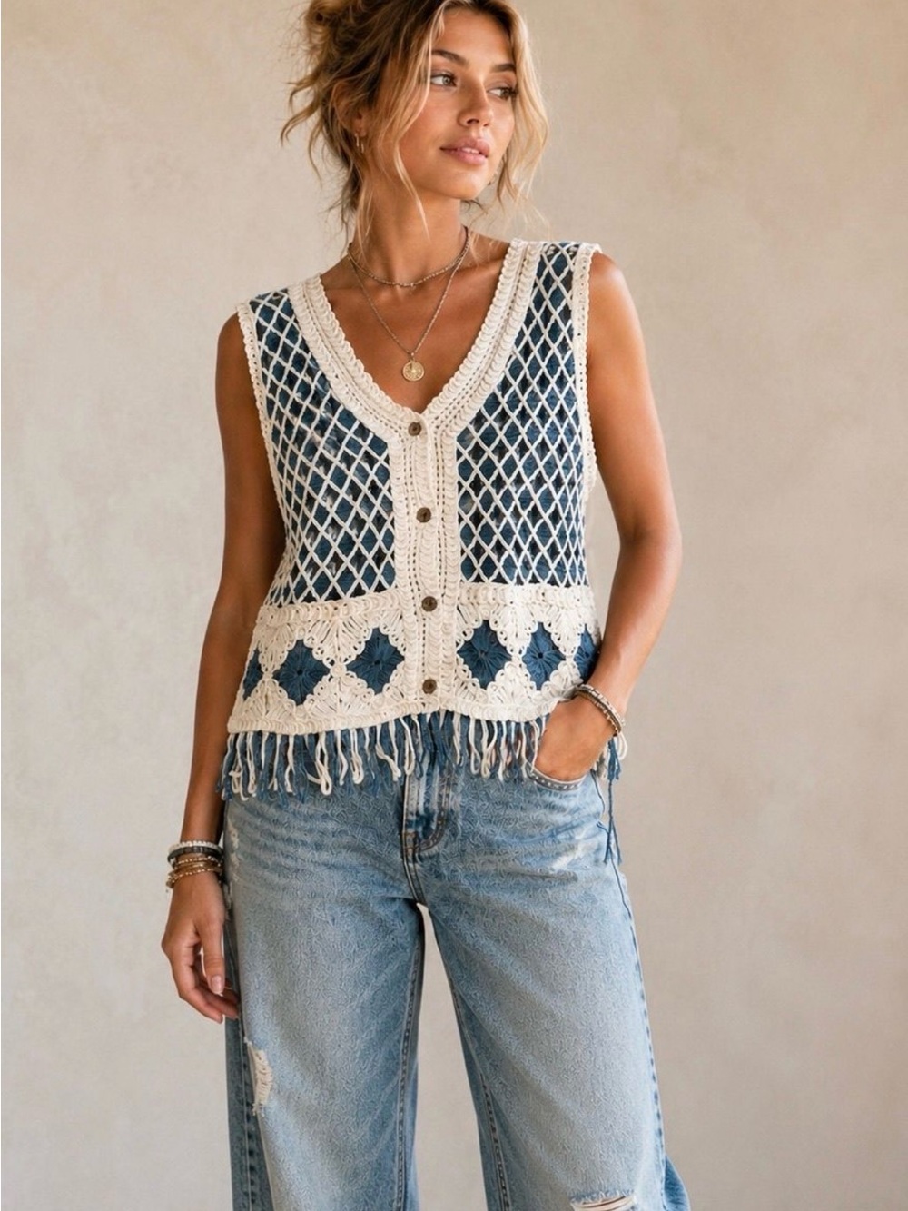 MAYVAS Crochet Fringe Vest in Cream/Blue Sz L/XL NWT